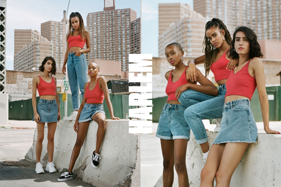 girls wearing lee jeans harlem denim collection of high waisted shorts, jeans and skirts
